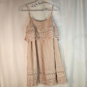 Onetheland Blush‎ Pink Linen Sundress with Vintage Lace Detail Boho Summer Dress